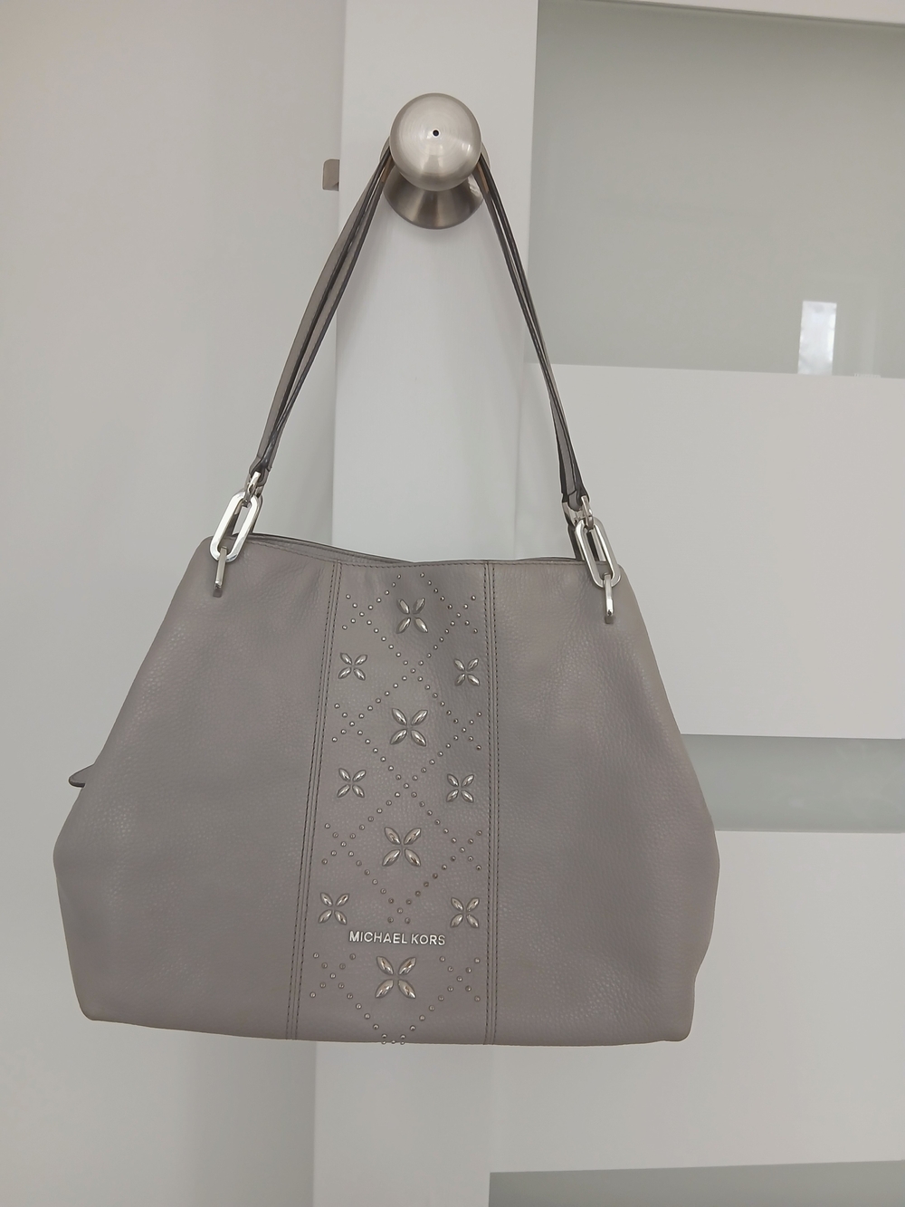 Michael Kors Gray Shoulder Bag with Floral Stud Detail